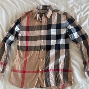 Burberry Men's Plaid Shirt - Tan, Black, Red